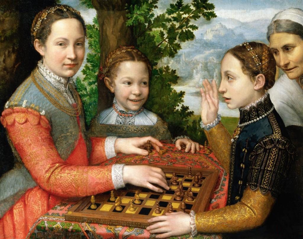 Dipinto con ragazze che giocano a scacchi