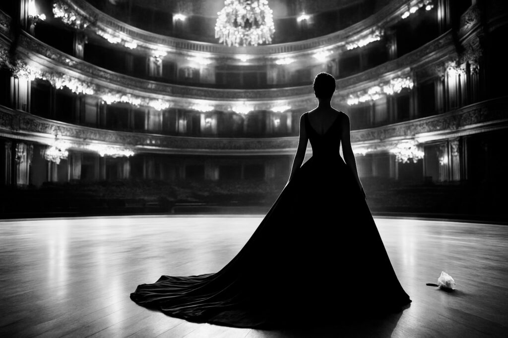 in bianco e nero donna con abito lungo su un palco pieno di luci